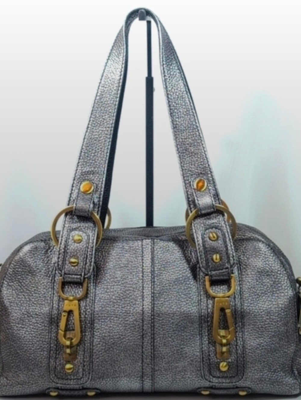 Metallic Pewter Shoulder Bag with Brass Hardware